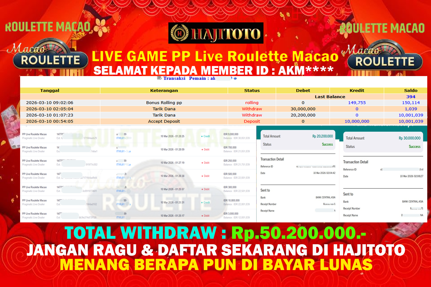 SELAMAT KEPADA PEMENANG MEMBER MERAIH JACKPOT DI GAME PP Live Roulette Macao TOTAL RP 50.200.000 DI BAYAR LUNAS